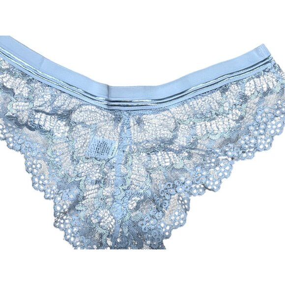 Fredericks of Hollywood Caroline Lace Thong Panty Silver with Bow Sz Small White - Picture 5 of 7
